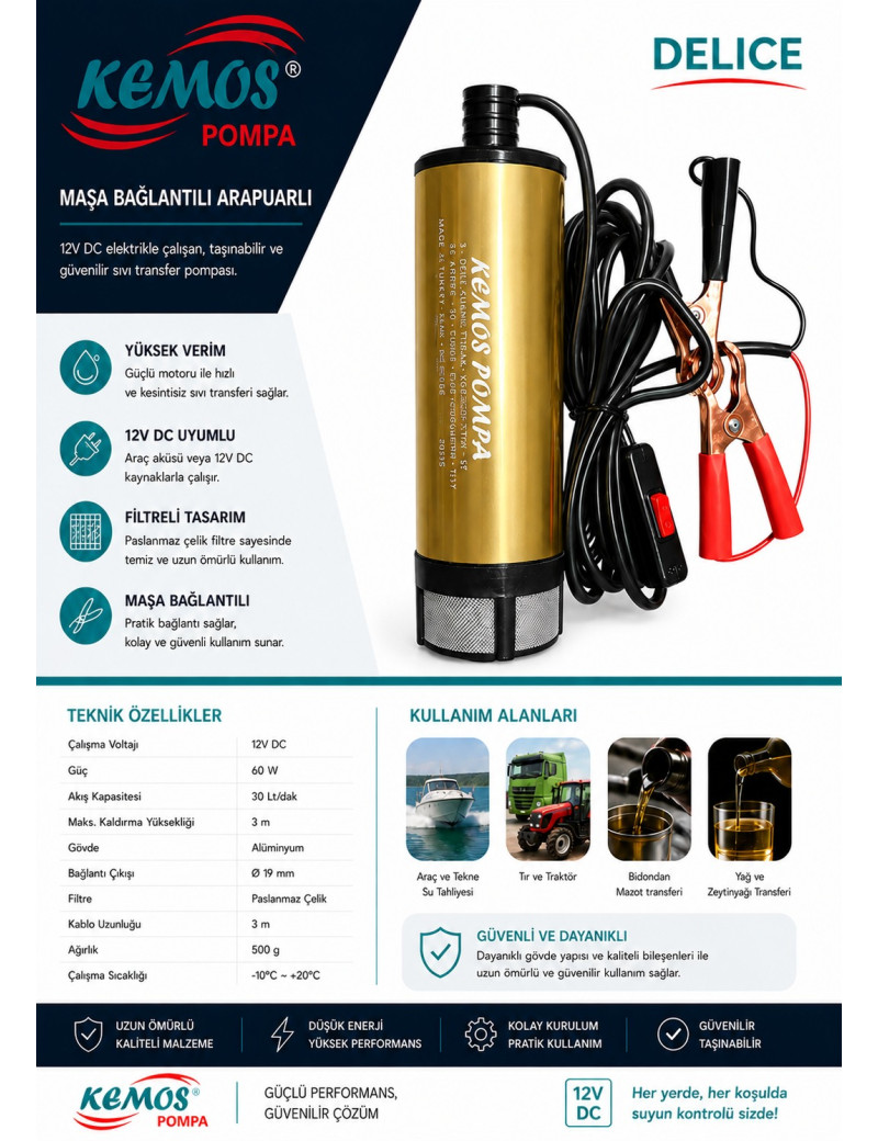 Dicle Krom 12 Volt Dalgıç Pompa Sıvı ve Mazot Aktrama Pompası