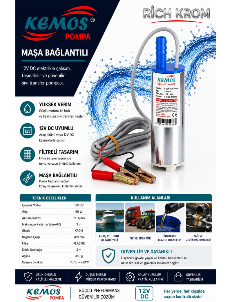 12V Küçük Dalgıç Pompa Su Mazot Sıvı Transfer Mini Dalgıç rich krom