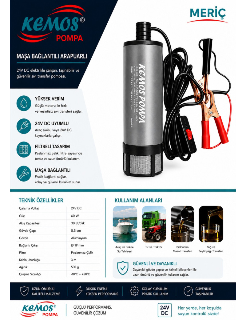 Fırat Krom 24 Volt Dalgıç Pompa Sıvı ve Mazot Aktrama Pompası