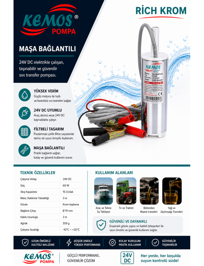 24 V Küçük Dalgıç Pompa Su Mazot Sıvı Transfer Mini Dalgıç rich krom